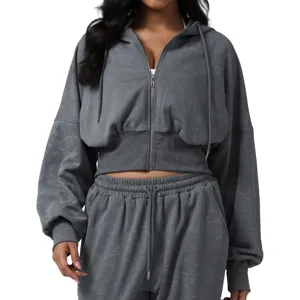 Women Vintage Printed Cropped Zip Up Hooded Sweatshirt Matching Set Casual Long Sleeve Jacket And Jogger Pants Suit