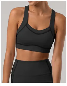 Soutien-gorge de sport noir pour femme, haut de yoga de fitness hautement élastique
