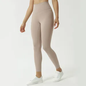 High-waist nude-feel yoga pants for women, soft brushed 9-point fitness leggings in khaki.