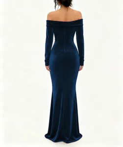 Elegant dark blue velvet off-shoulder long evening gown showing slim fit back view details