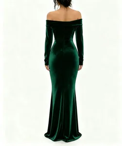 Elegant off-shoulder emerald green velvet bodycon maxi dress shown from the back