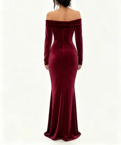Back view of elegant off-the-shoulder burgundy velvet maxi evening dress