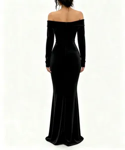 Premium back view of an elegant black off-the-shoulder velvet long maxi evening gown.