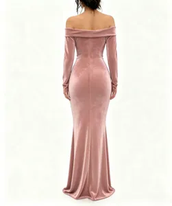 Back view of elegant pink velvet off-shoulder long dress with a slim silhouette