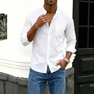Classic white long-sleeved cotton linen shirt for men featuring a minimalist stand collar design