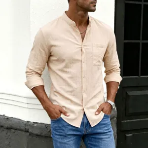 Men's casual beige cotton linen long sleeve shirt with a mandarin collar and chest pocket
