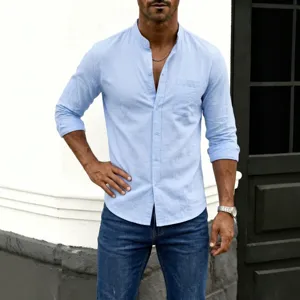 Men's light blue cotton linen long sleeve shirt with a minimalist stand collar design