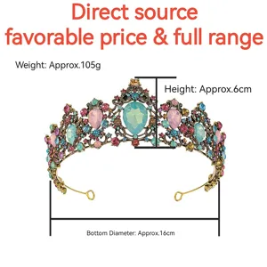 Vintage gold bridal tiara with colorful rhinestones, showing 6cm height and 16cm diameter