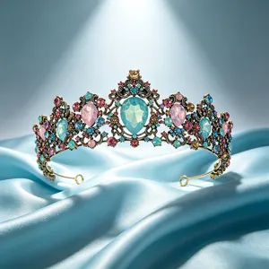Detailed view of a vintage gold bridal tiara adorned with colorful sparkling rhinestones.