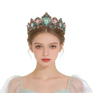 Vintage gold bridal crown featuring colorful rhinestone accents worn by a female model