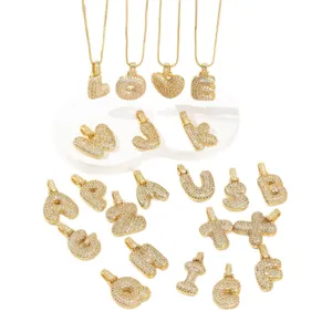 Gold plated bubble initial letter pendant necklaces with iced out cubic zirconia