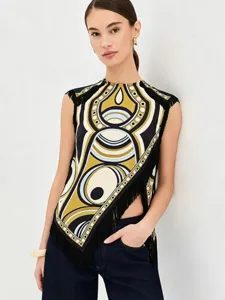 Stylish sleeveless geometric print top with asymmetrical fringe hem and retro artistic design