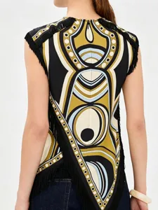 Detailed back view of a sleeveless retro top featuring geometric patterns and fringe