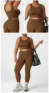 Plus size brown sports bra and leggings set, nude-feel high stretch fitness wear detail view.