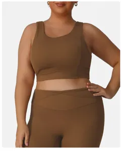 Plus size sports bra and cross-waist yoga pants set detail, brown activewear, high stretch.