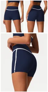 Detail view of dark blue high-waisted yoga shorts with white contrast lines for fitness.