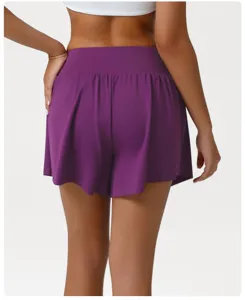 Detail view of high-waisted purple athletic shorts, showcasing pleated design and comfy fit.
