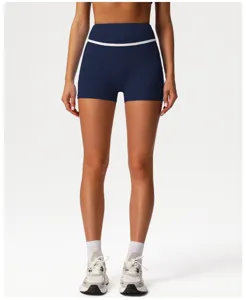 Detail view of high-waist contrast color yoga shorts, sporty design for fitness and running.