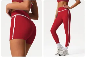 Red high waist yoga leggings shorts set with white piping athletic gym fitness workout activewear details