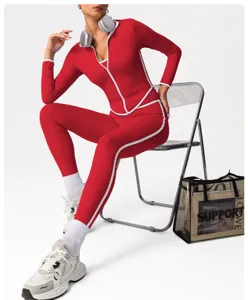High waist activewear set for women, red yoga leggings and sports jacket with white piping.