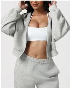 Damen lässige Kapuzen Sportbekleidung Reißverschluss Sweatshirt Set Detail Ansicht