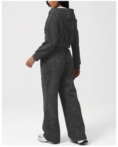Women tie dye hooded tracksuit long sleeve sweatshirt and wide leg pants activewear set.
