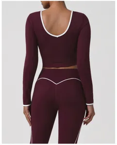 Donna tuta yoga bordeaux crop top manica lunga leggings sportivi fitness palestra