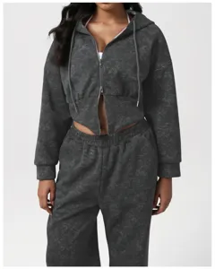 Casual dark grey acid wash zip hoodie and sweatpants matching lounge set for women daily wear.