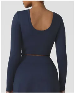 Σκούρο μπλε αθλητικό crop top μακρυμάνικο γυναικείο fitness τένις slim fit activewear
