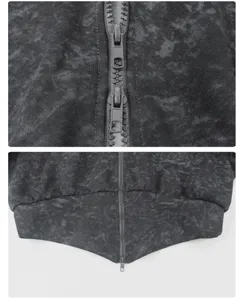 Detail shot of women vintage acid wash zip up hoodie jacket with double zipper pointed hem.