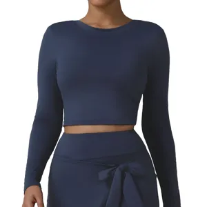 Damen Langarm Yoga Top Schmale Passform Rückenfrei Athletisch Fitness Shirt Einflarbig Nylon Elasthan Workout Sportbekleidung