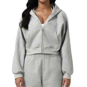 Damen Casual Kapuzenpullover Reißverschluss Langarm Überschnittene Ärmel Sportjacke Baumwollmischung Einfarbig Sportbekleidung