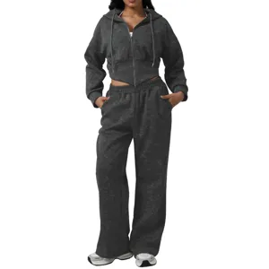 Women's Acid Wash Zip Hoodie and Sweatpants Tracksuit Set Casual Athletic Loungewear