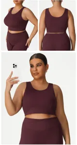 Plus-size dark red sports bra detail, high elasticity and comfortable fit for workout and yoga.