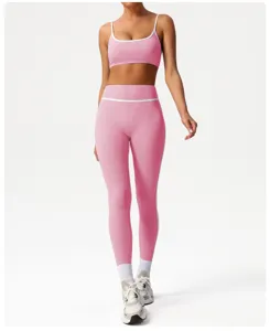 Women's pink seamless sports bra high waist yoga leggings activewear gym fitness set