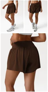 Women brown high waist athletic running shorts, casual workout gym shorts with drawstring.