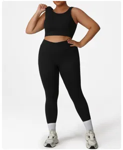 Plus size black sports bra and high waist yoga leggings set for running fitness workout gym activewear