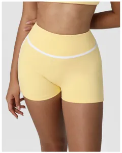 High-waist contrast piping yoga shorts detail, seamless nude-feel athletic fitness activewear.
