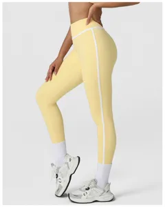 High waisted athletic yoga pants detail, featuring stretchy fit and contrast side piping.