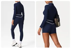 Details of the high-waist workout set showcasing the back design, tight pants and bag.