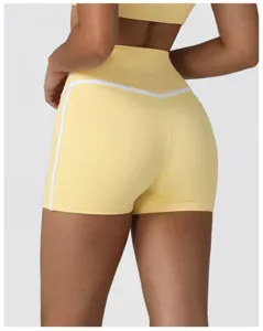 Back detail view of high-waisted yoga shorts with contrast white piping for active fitness wear.