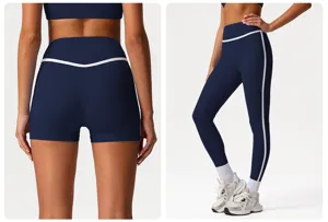 Detailed view of high-waist athletic leggings and shorts set with stylish contrast piping for gym.