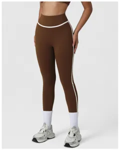 High-waisted athletic yoga leggings with contrast white side stripes for active fitness workout.