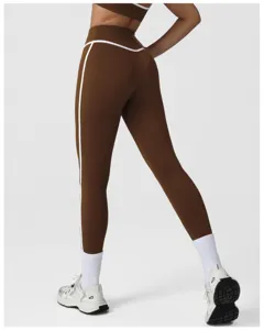 High waist butt lifting yoga pants, brown stretch fitness leggings with white piping details.