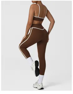 Brown high waist yoga leggings and sports bra set for women fitness running workout activewear