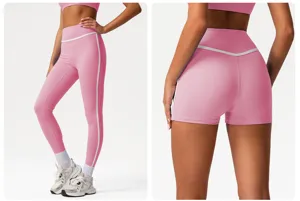 High-waisted pink athletic leggings and shorts set with stylish white piping details.