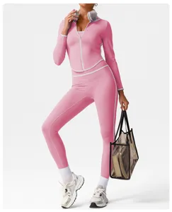 High waist pink yoga set workout fitness gym activewear crop jacket and leggings for women