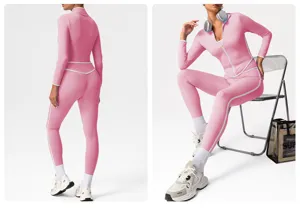 Detail view of pink activewear set featuring zip-up jacket and high-waisted tight pants.