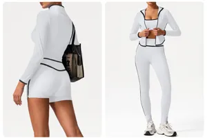 Detail view of women white athletic yoga set with black trim, showing back and front activewear design.