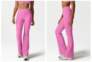 Detail view of high-waisted pink flared yoga pants, side and front angles, gym wear.